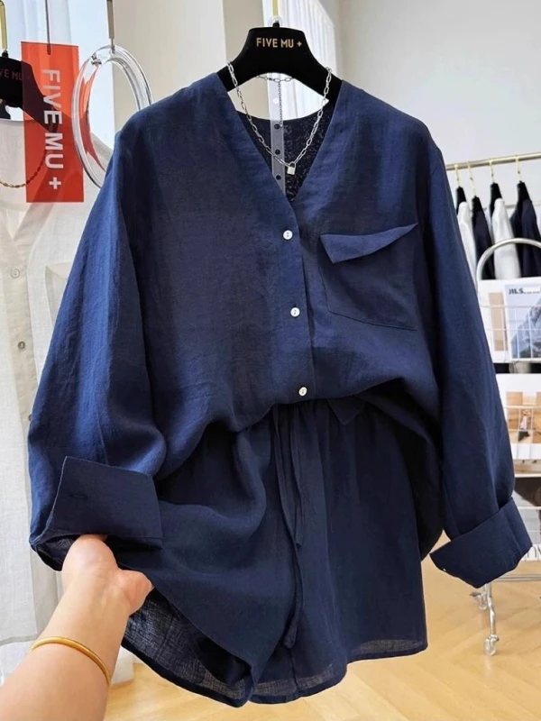 

Loose Linen Men's irt orts Set V-Ne Long Sve Summer Casual Sportswear Teenagers Large Size Retro Sle Five-Quarter ...