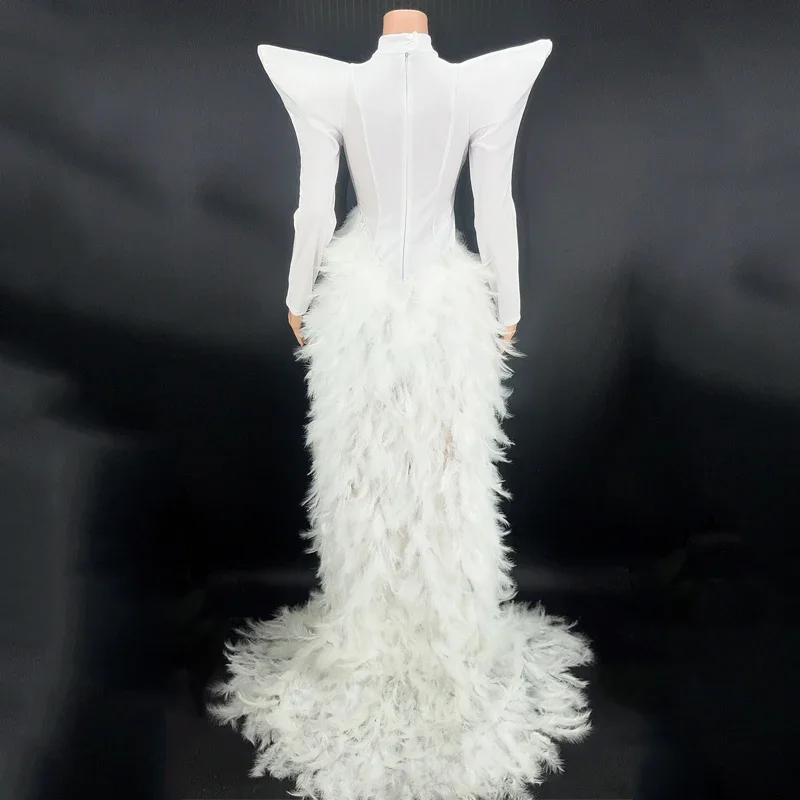 화이트 깃털 트레인 이브닝 드레스 플라이 숄더 스팽글 드레스 거즈 여성 생일 축하 의상 갈라 의상