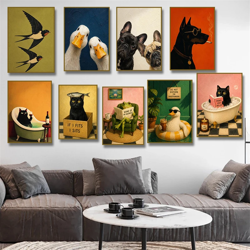 Funny Cute Animal French Bulldog Duck Black Cat Dog Smoking Frog Owl Poster Canvas Painting Print for Bathroom Room Home Decor