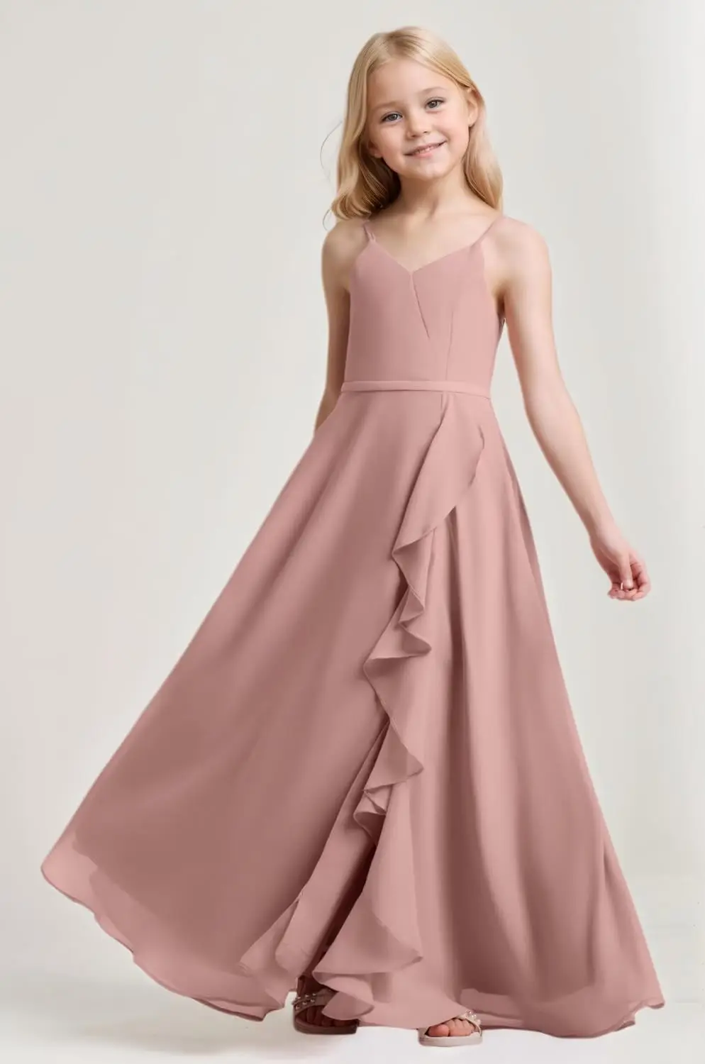 십대 소녀들을 위한 스파게티 스트랩이 있는 우아한 A라인 주니어 신부 들러리 드레스 사이드 슬릿이 있는 꽃무늬 웨딩 파티 드레스