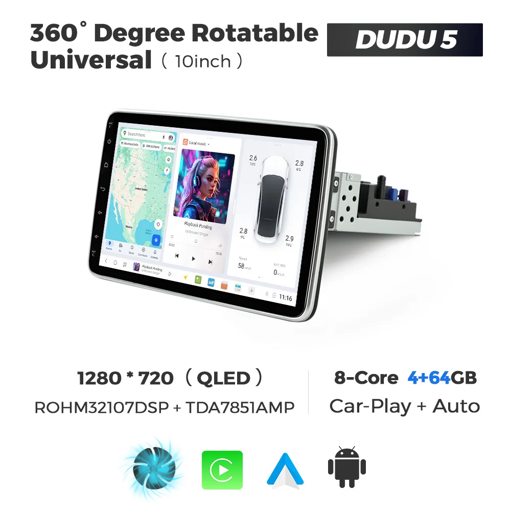 DUDUAUTO DUDU7 UIS7870 Universele 10 "autoradio 1din Android 13 Carplay Android Auto Draaibaar scherm 4G BT FM-radio-ontvanger DSP