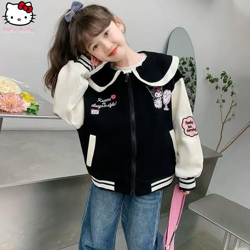 

Kawaii Sanrio Girl's Doll Collar Jacket Color Block Children Clothing Spring Autumn Cartoon Kuromi Casual Versatile Zipper Tops