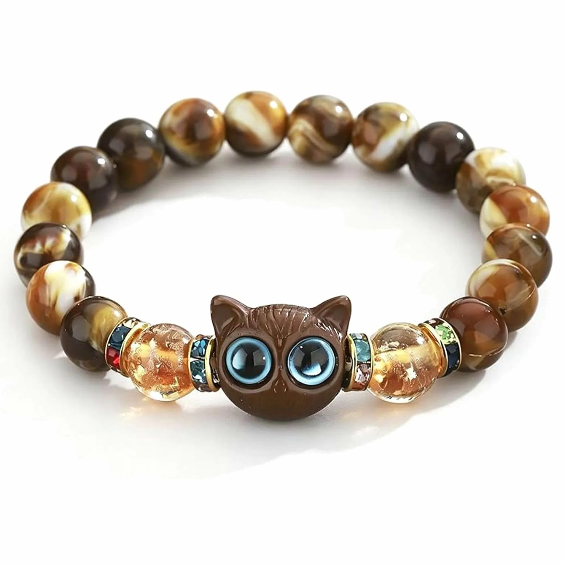 Halloween Imitation Natural Stone Black Cat Head Elastic Bracelet Glowing Cat Charm Jewelry Animal Lover Gift