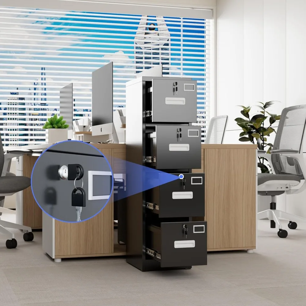 خزانة ملفات ذات 4 أدراج، خزانة ملفات عمودية معدنية مع 4 قفل، خزانة ملفات منزلية للمكتب مع حامل بطاقة الاسم لرسالة/Le