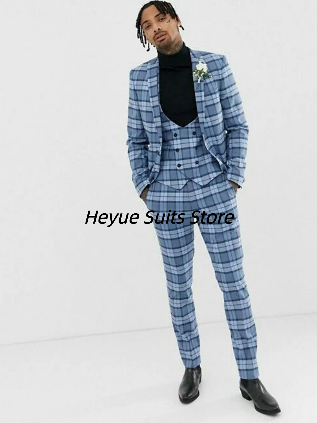 Handsome Plaid Casual Men Suits Customized Slim Fit Peak Lapel Groom Wedding Tuxedos 3Pieces Sets Male Party Blazers Ropa Hombre