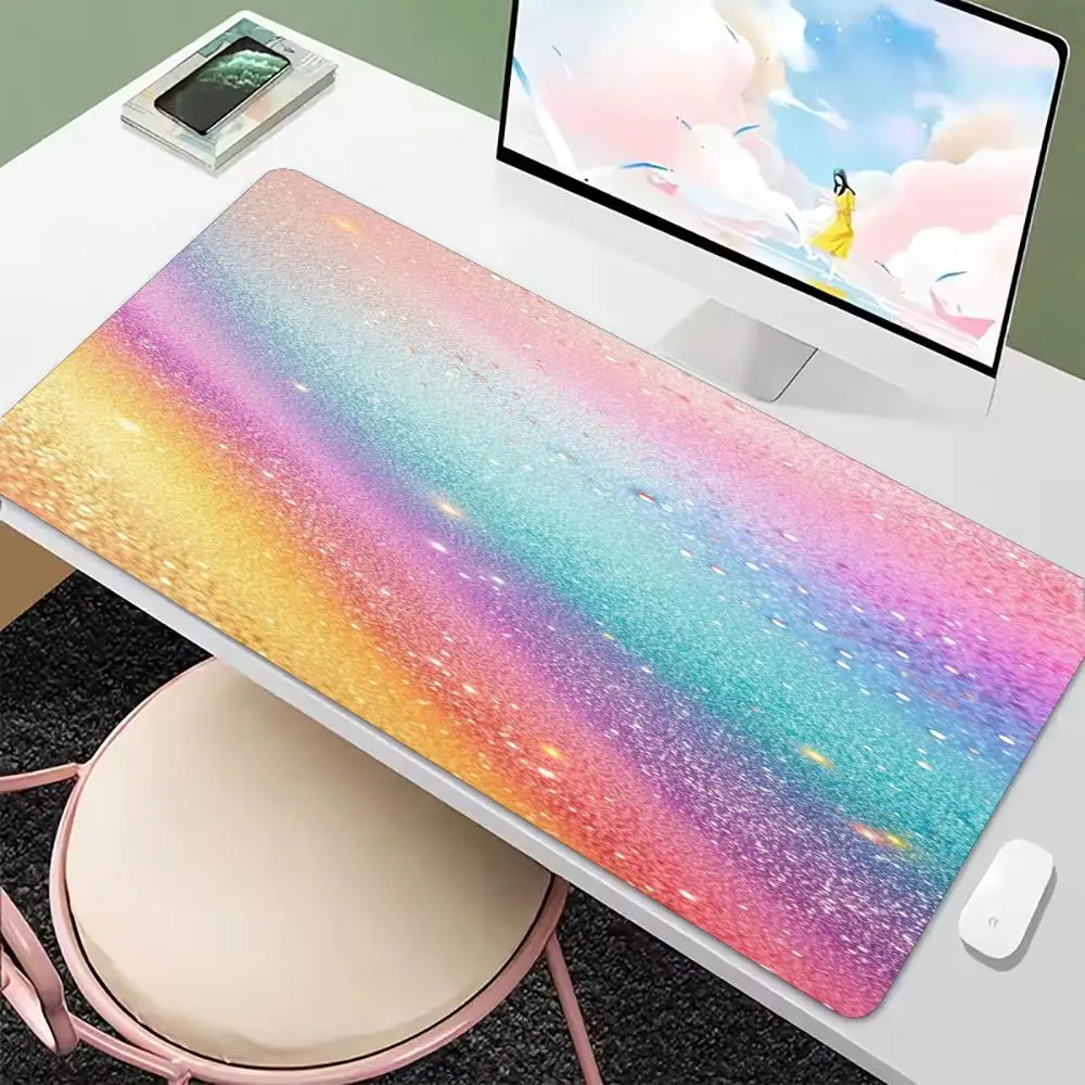 XXL Extended Desk Mat Rainbow Gradient Glitter Gaming Mousepad Non-Slip Stitched Edge Keyboard Carpet for Gamer Office Desk