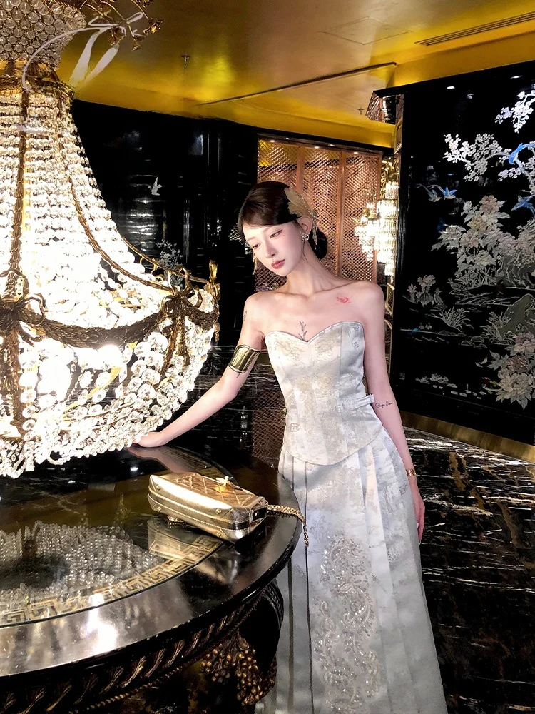 

Оригинальное вечернее платье PITAO Cloud Hidden Mountain: легкое, роскошное, без бретелек, с вырезом, длинное, элегантное, женское.