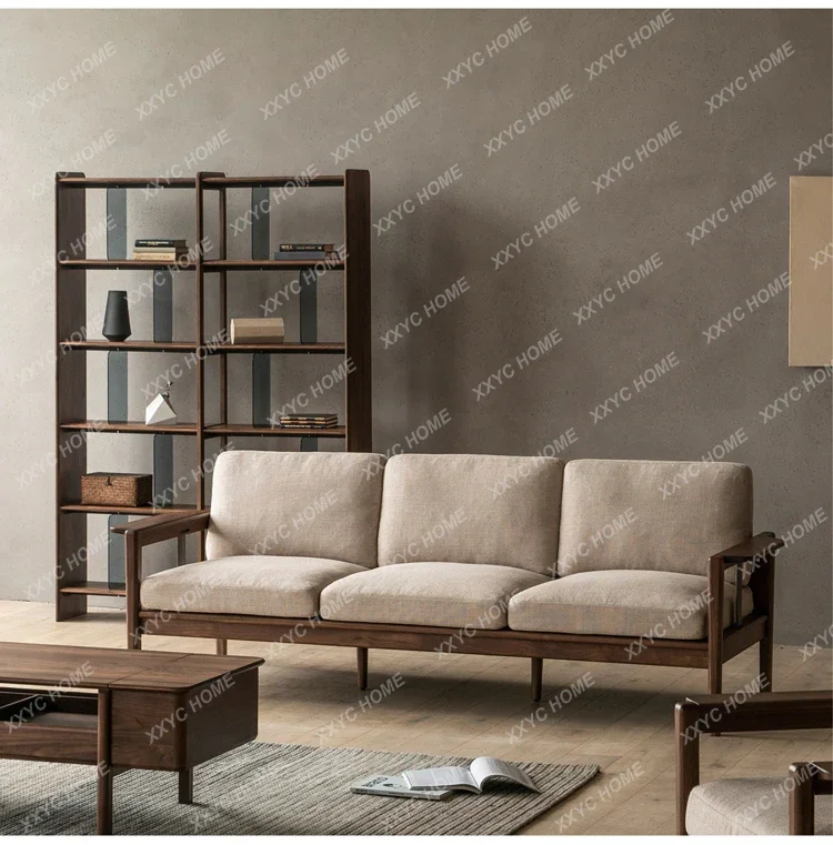 HMJ  solid wood living room sofa all solid wood modern simple three-person fabric sofa black walnut living room Japanese style