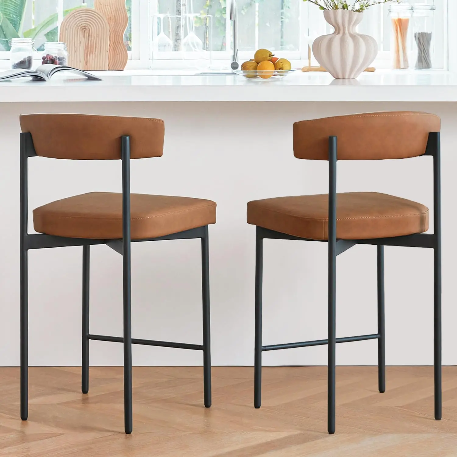 Brown Modern Bar Stools Set of 2, 24' Faux Leather Counter Stools with Curved Backrest