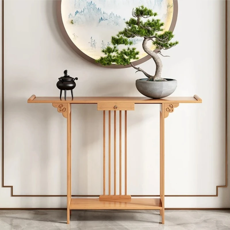 ‌Zen Entryway Console Table, Bamboo Altar Hall Sideboard, Foyer Display Accent Stand, Slim Storage Organizer with Drawers