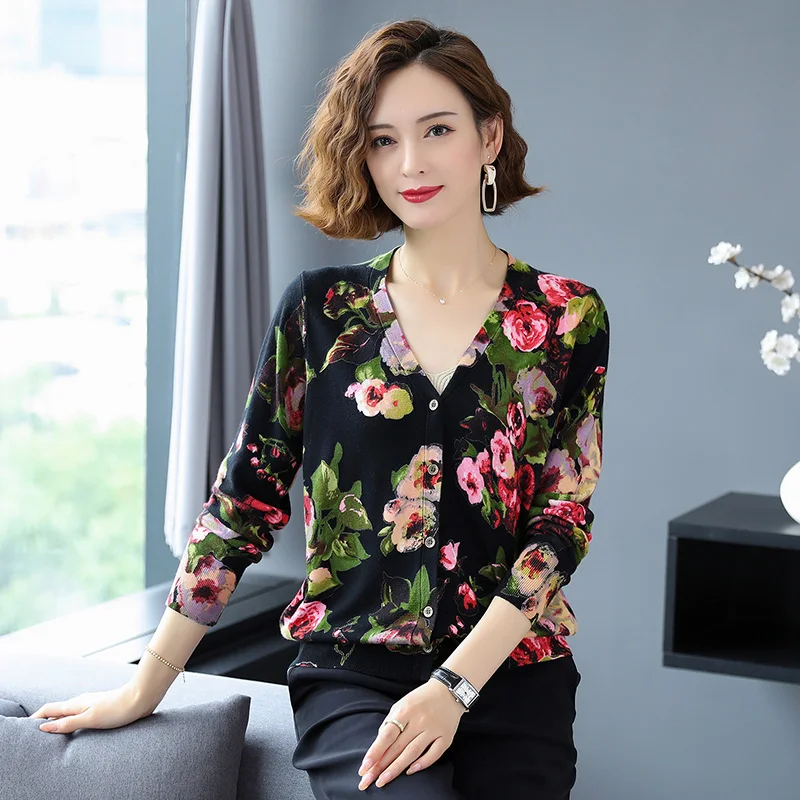 

2023 Spring Floral Printed Cardigan for Women Long Sleeve Sweater Coat Female Single Breasted Printing Knitwear Outwear