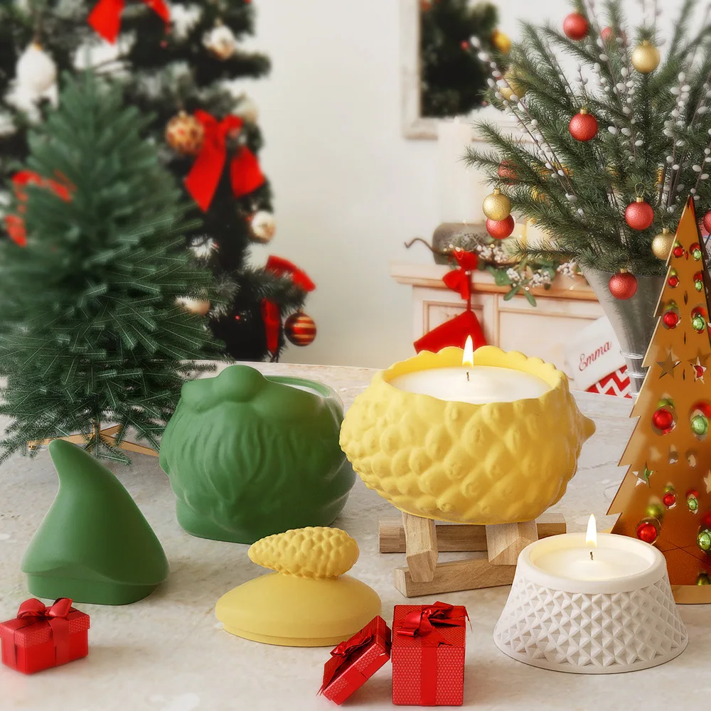 3D Santa Claus Christmas Candle Jar Silicone Mold With Lid Pinecone Bow Bell Cement Plaster Storage Jar Craft Molds Home Decor