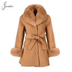 Jxwatcher Women Cashmere Wool Blend Coat Natural Fox Fur Collar Cuffs Ladies Autumn Winter Belt Slim Jacket New in Outerwears