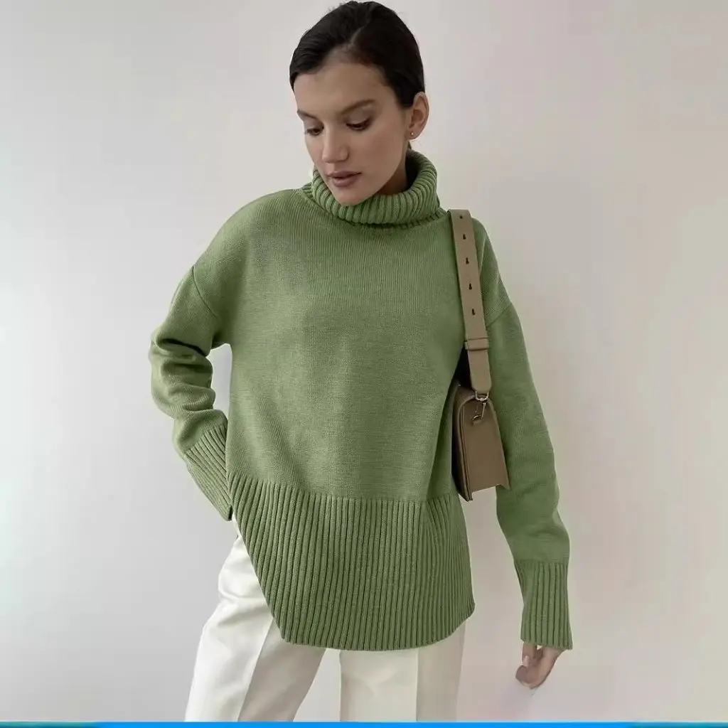 Frauen Reine Farbe Rollkragen Pullover Pullover Europäischen Und Amerikanischen Stil Neue Schlitz Lose Gestrickte Herbst Winter Top