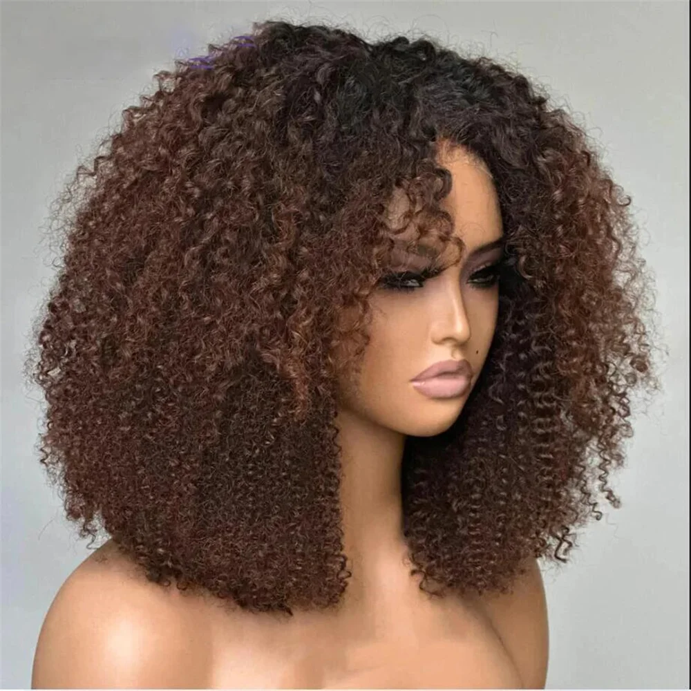 Soft 180Density Ombre Brown Kinky Curly Short Bob Deep Lace Front Wig For Black Women With Baby Hair Preplucked Natural Hairline