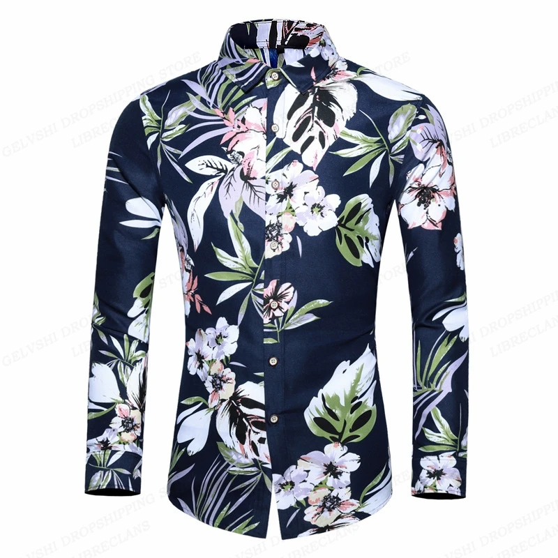 Floral Shirts Men Fashion Shirt Long Sleeve Hawaiian Shirts Cuba Beach Blouse Men\'s Clothing Button Up Camisas Single Breasted