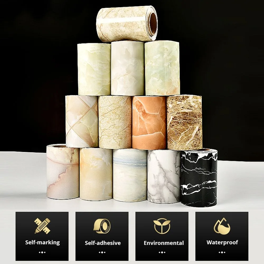 10M/Roll Windowsill Waist Line Wallpaper Waterproof Door Frame Waveguide Line Marble Grain Self-adhesive Skirting Line