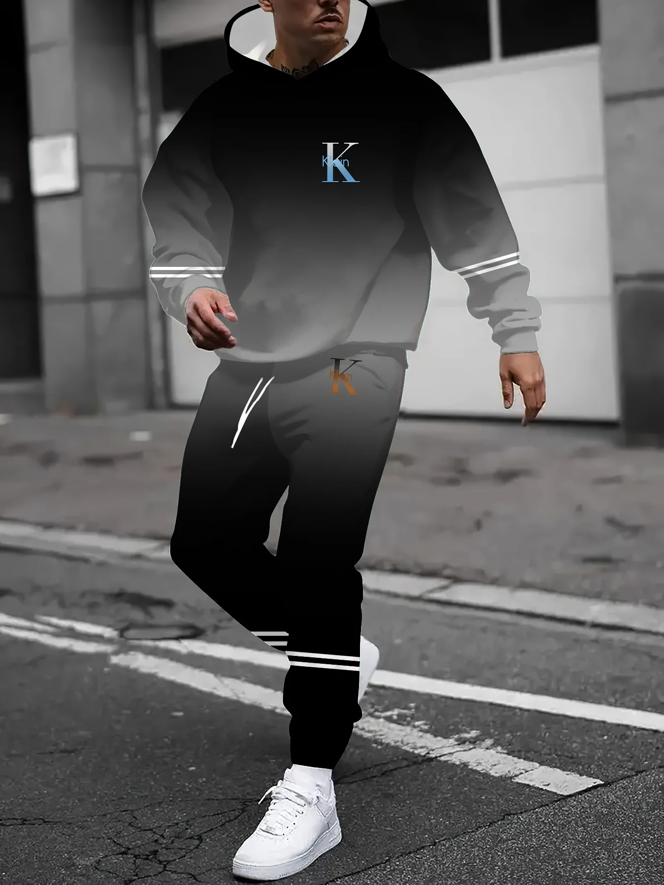 

Осенне-зимний мужской комплект с капюшоном с K-образным принтом, спортивный комплект с капюшоном для отдыха на открытом воздухе, быстросохнущий удобный комплект с капюшоном
