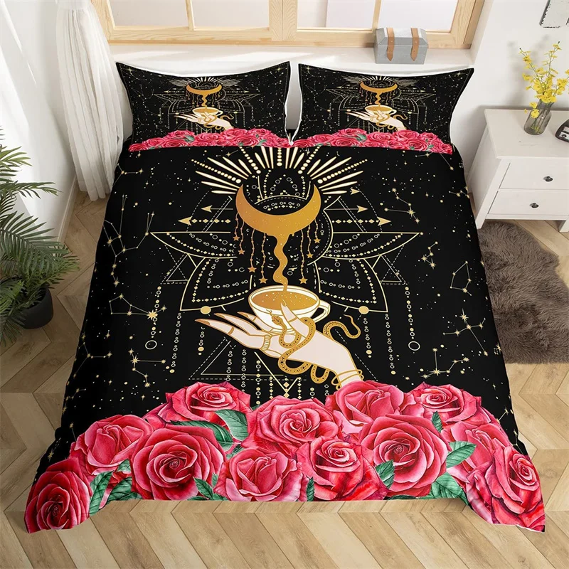 Rose Flowers Duvet Cover King Gothic Snake Star Sky Moon Constellation Bedding Set Microfiber Exotic Romantic Black Quilt Cover