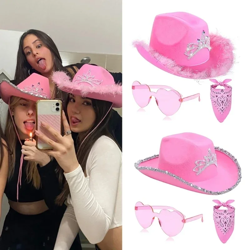 Halloween Women Western Pink Cowgirl Fluffy Cowboy Glitter Hat Carnival Costume Accessory for Party Wear Hat Set