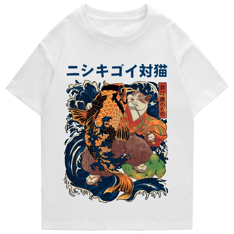 ヒップホップストリートスタイル原宿tシャツ猫は魚のプリントtシャツ2022メンズ夏の半袖tシャツ綿ルーズトップtシャツ