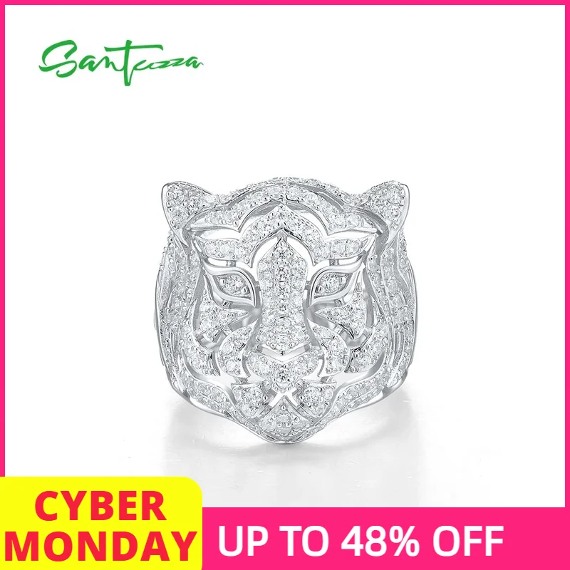 

SANTUZZA Genuine 925 Sterling Silver Neutral Ring For Women / Men Sparkling White Cubic Zirconia Cute Tiger Animal Fine Jewelry