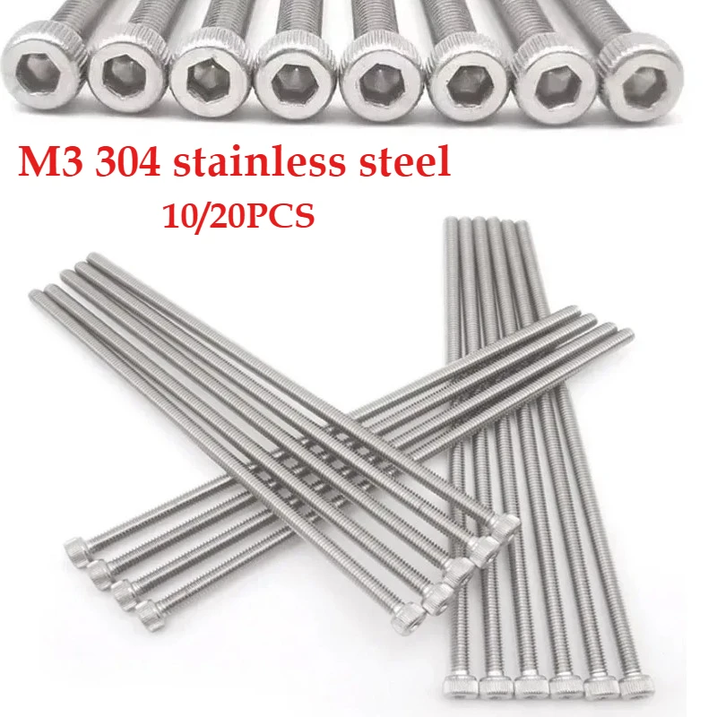 

10/20PCS M3x70mm-130mm DIN912 304 Stainless Steel Inner Hexagon Lengthen Screw Knurled Cup Head Bolts Extra Long Screws Bolt