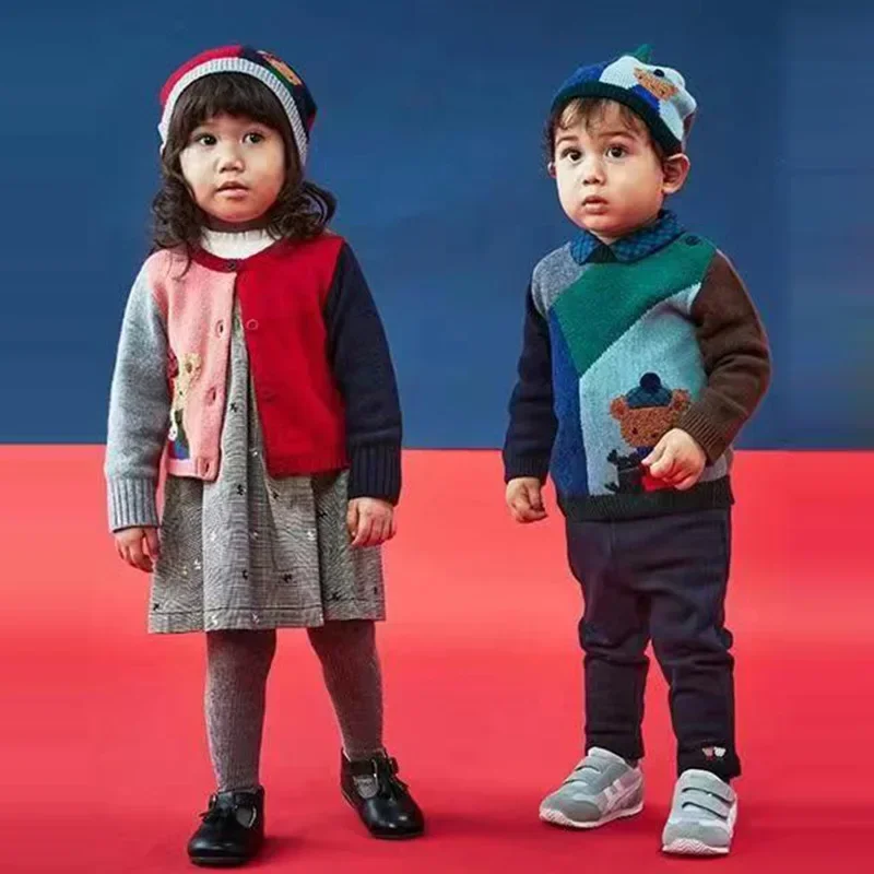 

2023 Spring And Autumn Fashion Brand Japanese Style F Family Little Bear Wool Color-block Sweater Girls Brother and Sister Wear