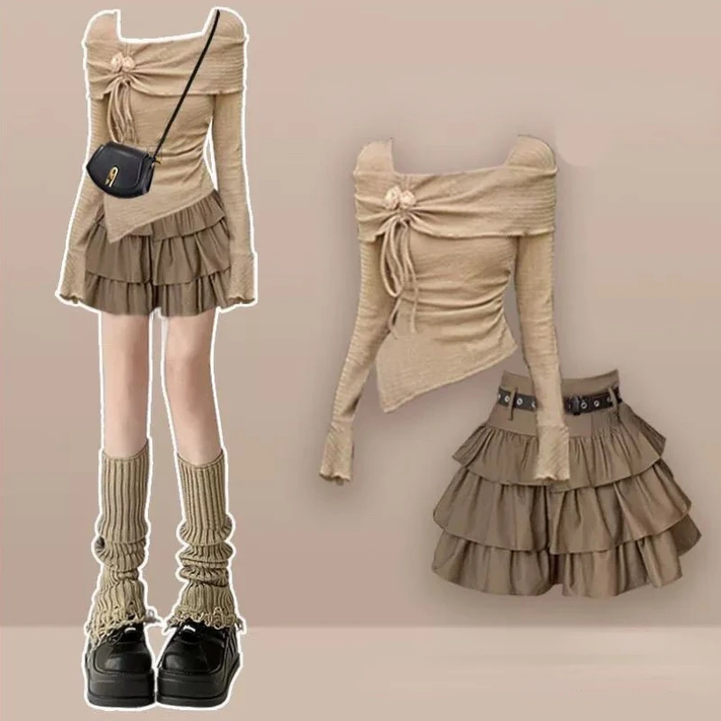 

2025 Autumn Harajuku Two Pieces Set Sweet 3D Flower Drawstring Blouse Tops Women Y2k Aesthetic Ruffled Grunge Belt Skirts Suit