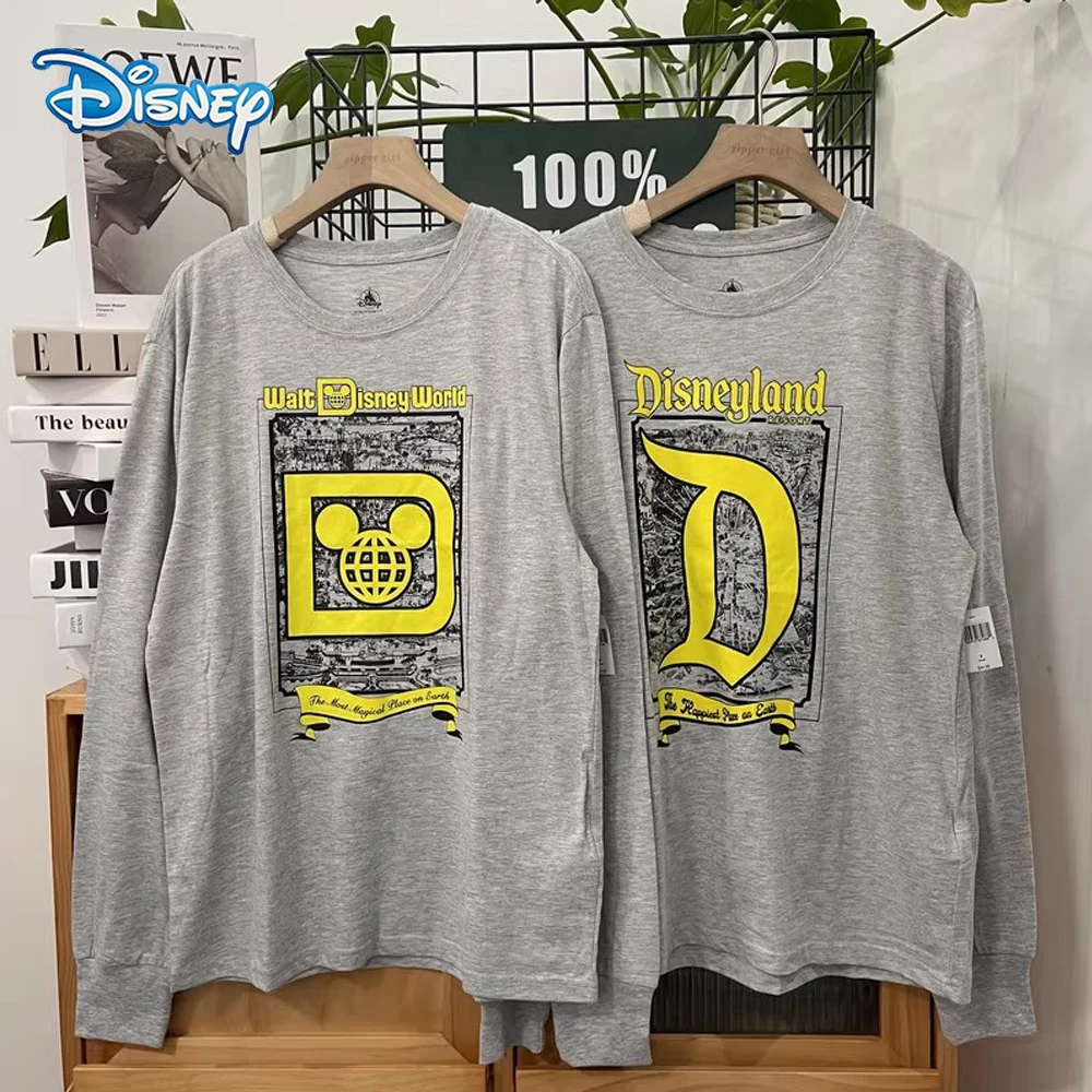 

Disneyland Walt Disney World Castle Letter Mickey Mouse Cartoon Print T-Shirt Fashion Women O-Neck Pullover Long Sleeve Top Gray