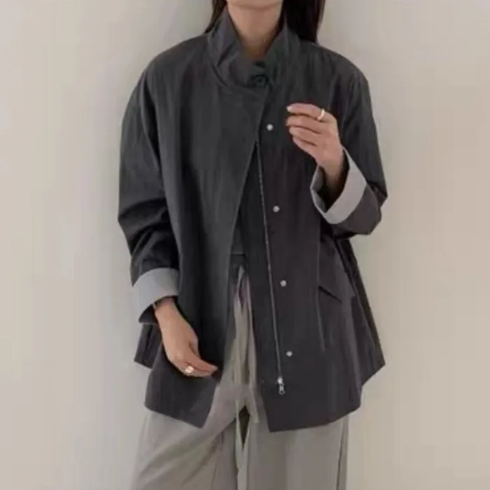 

Loose Women's Windbreaker Coat Korean Sle Casual Faionable Long Sve Stand Collar Waist Inward Design Autumn New Arrival