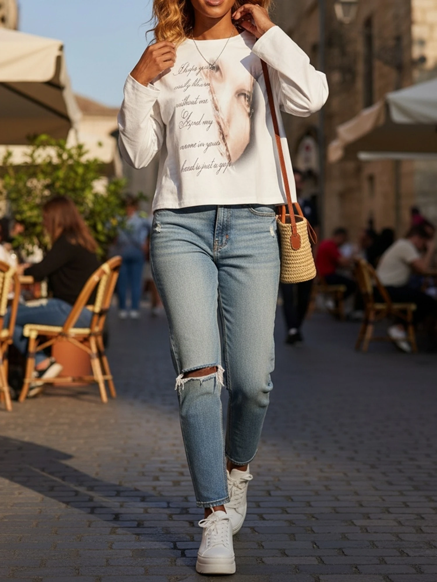 Y2K Spring Autumn American Vintage Early Autumn Commute Long Sleeve Warm Base Layer Individual Portrait Print Top