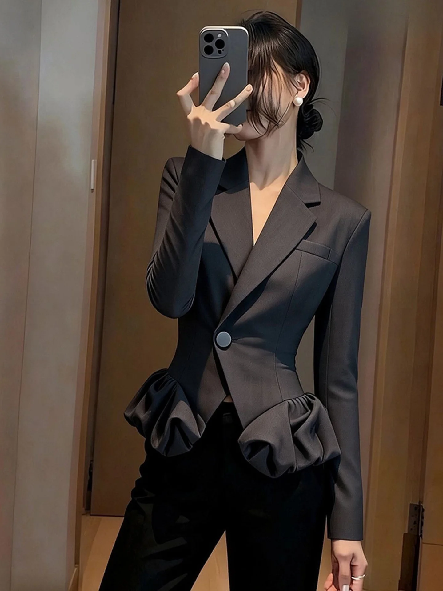 Elegant Fashionable Black Slimming Women's Jacket Beautiful Unique Stylish Autumn New Arrival Commute Style Button Detail
