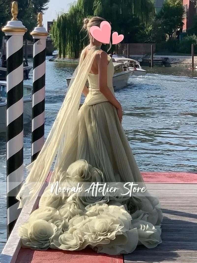 Elegant สีเขียวดอกไม้ Tulle ชุดราตรีซาติน Aline Saudi Arabric มุสลิมอย่างเป็นทางการโอกาส Vestidos De Fiesta Noche ที่กําหนดเอง