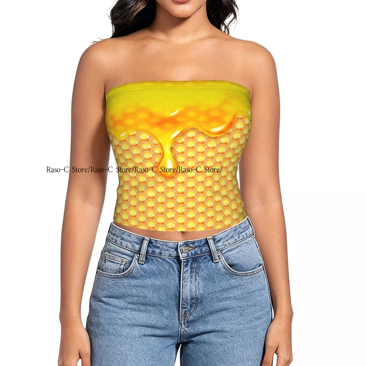 Women Block Crop Slim Tube Top Honey Dripping Honeycombs Strapless Top For Summer Female Clothing