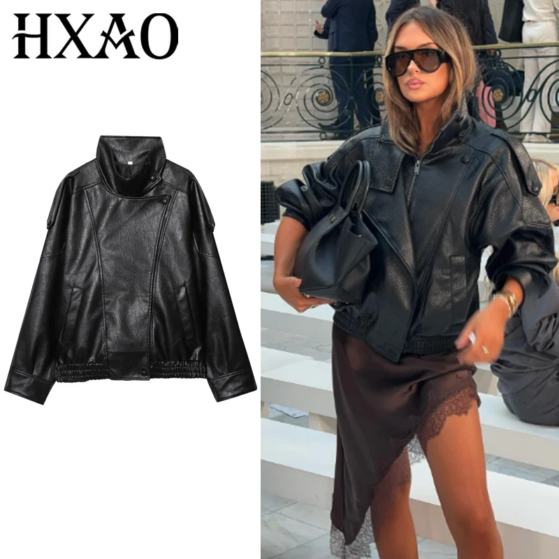 HXAO سترة جلدية سوداء فو سترات نسائية جديدة في المعاطف والسترات غير المتماثلة موتو السائق جاكيت زيبرا كم طويل ملابس خارجية #1