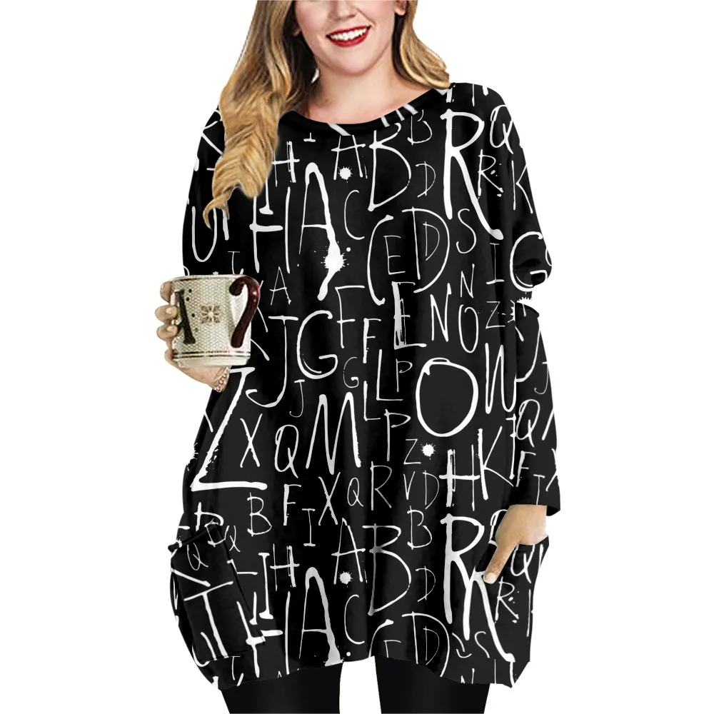 Street Graffiti Print  Loose Casual Style Ladies T-shirt Double Pocket Dress Round Neck Long Sleeve Dress-