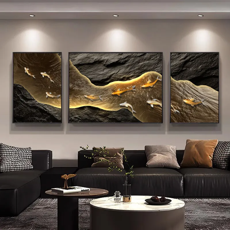 Luxury Nine Fish Graph Wall  Backdrop With Digital Display Living Room Bedroom Lighting Painting Equipped Digital Clock Display