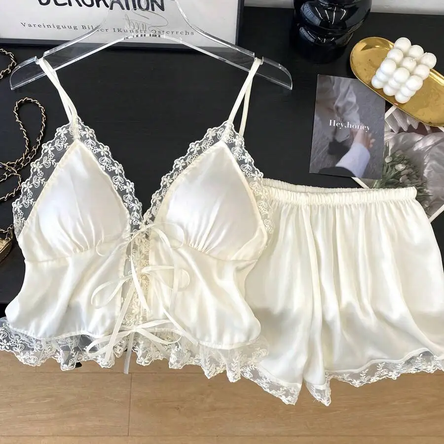 

Satin Lace Trim Cami Pajama Set With Bow And Ruffled Hem Sleepwear For Women