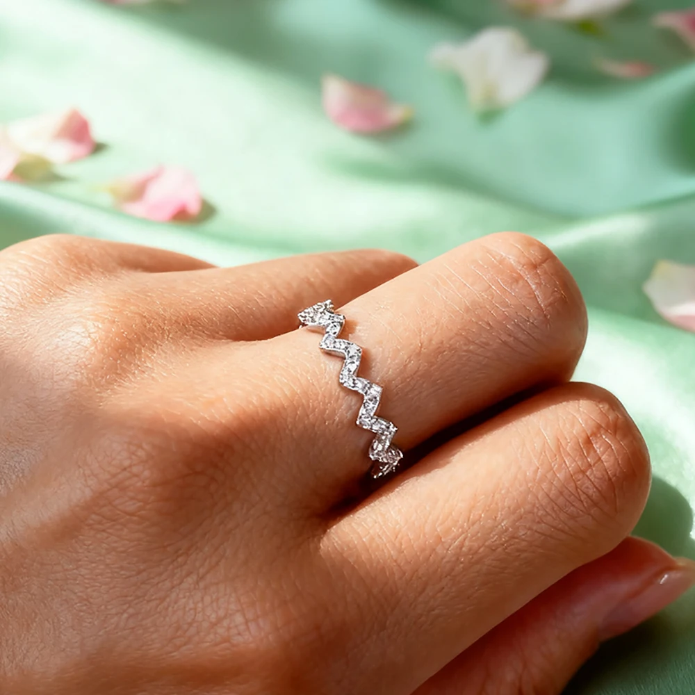 TEMGF Full 1.25mm Moissanite Ring With GRA 925 Sterling Silver Women's Simple Stacked Wave Tail Ring Party Commute Fashion Item