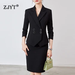 ZJYT Elegant Office Lady Business Blazer Suit with Pencil Skirt Two Pieces Womens Outfit Autumn Fashion Long Sleeve Jacket Black