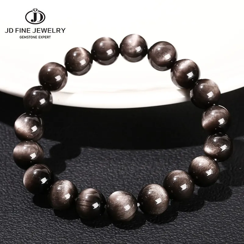 JD 7A Natural Stone Silver Color Shiny Obsidian Bead Strand Bracelet Women Top Quality Round Bead Health Charm Stretch Jewelry