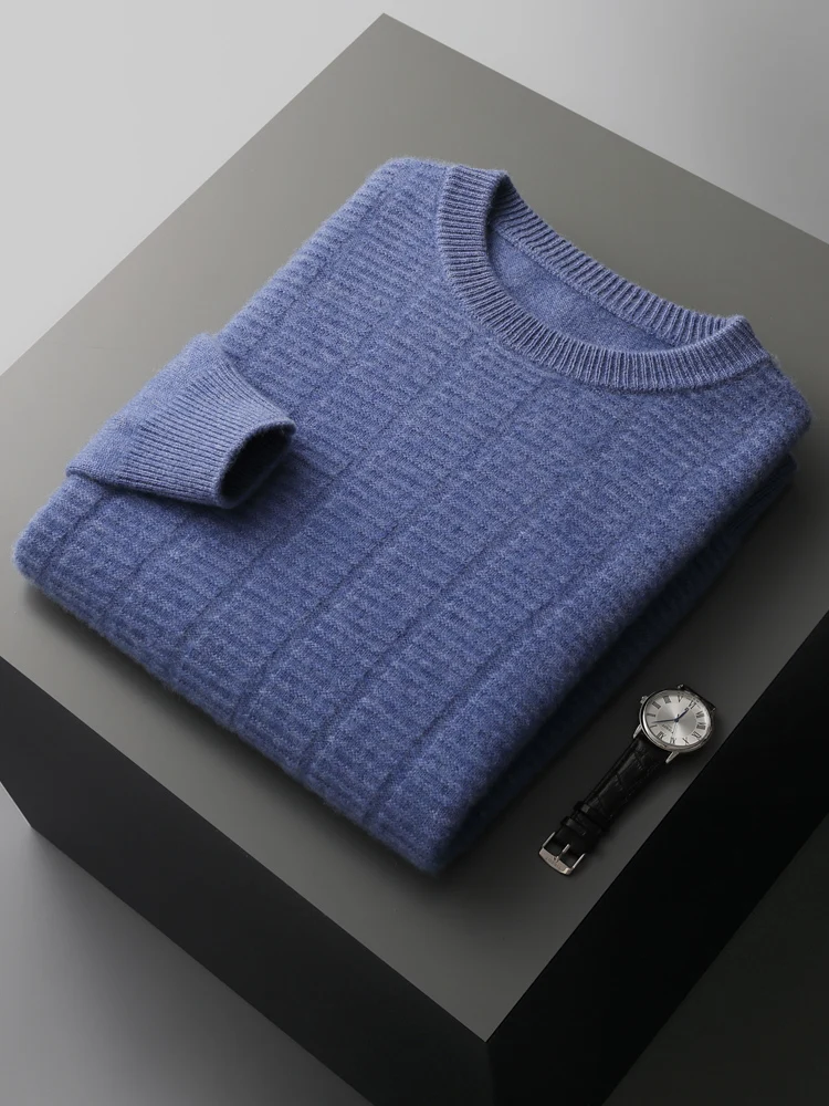 High Quality Men O-neck Thick Cashmere Sweater Autumn Winter 100% Cashmere Knitwear Striped Soft Pullover Smart Casual Jumpers