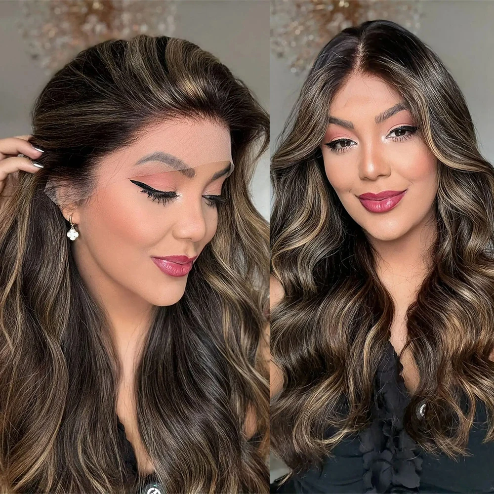 Premium Synthetic 13x4 Highlight Ombre Chocolate Brown Lace Front Wig for Women Glueless Brunette Colored Dark Roots Party Use