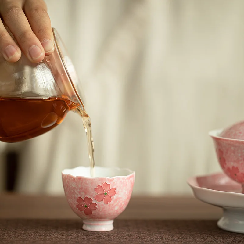 Jingdezhen Pure Hand-painted Pink Cherry Blossom Tea Cup Ceramic Tea Set Host Cup Guest Cup Tea Tasting Cup Exquisite Girl Tea