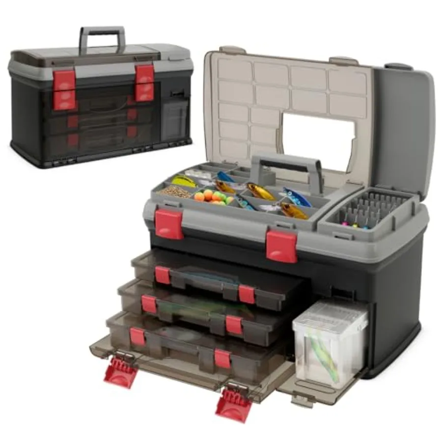 

Пятислойный органайзер для рыболовных снастей с верхним отсеком, 3 съемными универсальными коробками, регулируемыми разделителями, портативный ящик для инструментов для рыбалки