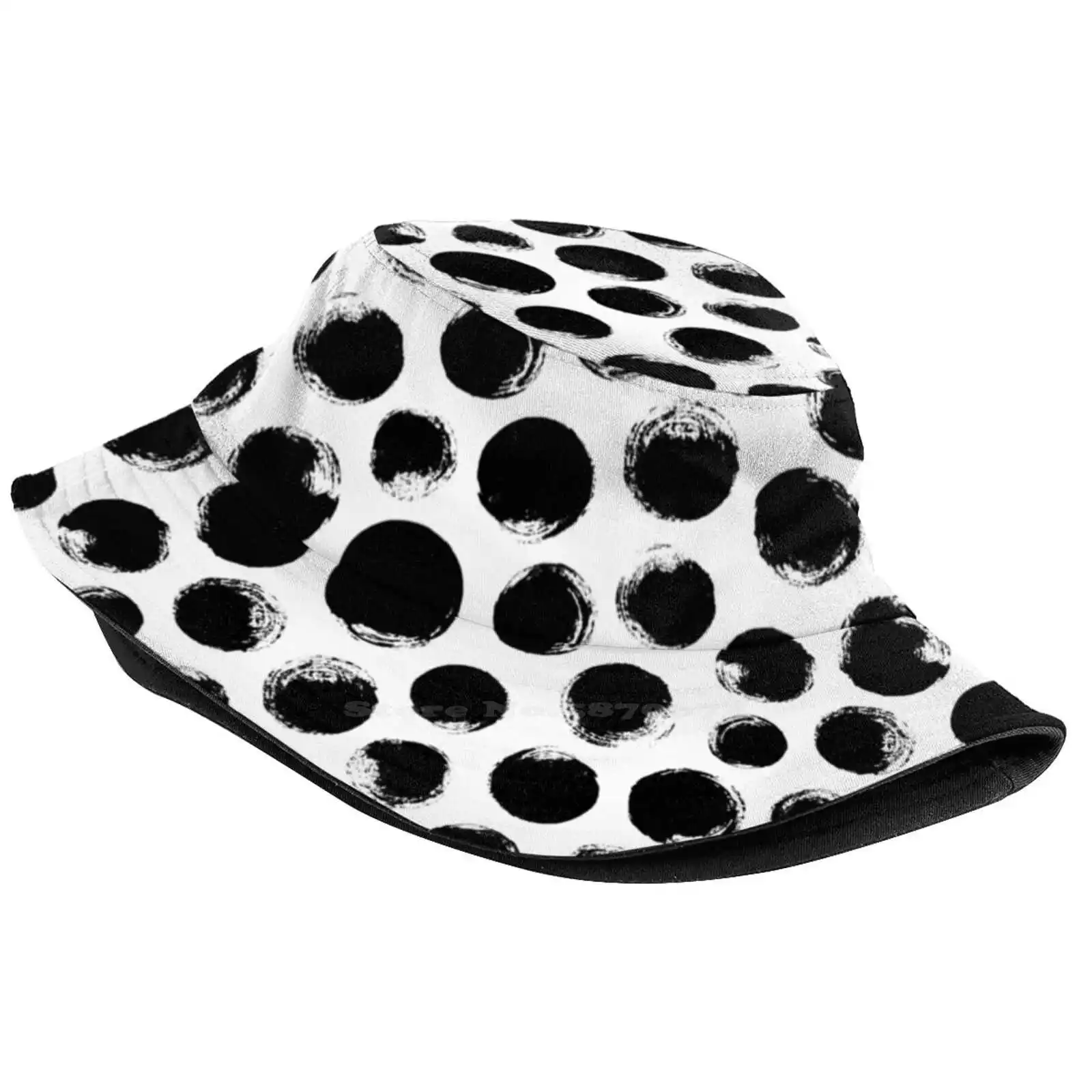 Grunge Polka Dot Korean Ladies Outdoor Sun Hat Bucket Cap Grunge Polka Dot Dots Circles Pattern Grungy Round Rough Edges Dry