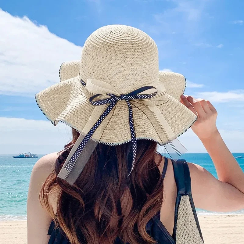 Summer Beach Sun Hat Woman Flat Top Ribbon Bowknot Elegant Luxury Straw Women Summer Hats Sombreros De Mujer