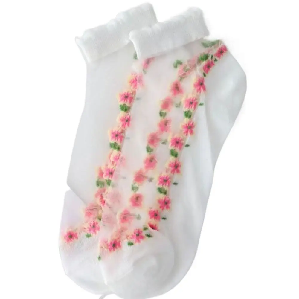 

High Quality Breathable Crystal Glass Silk Socks Transparent Silk Lastic Socks Jacquard Lace Short Socks