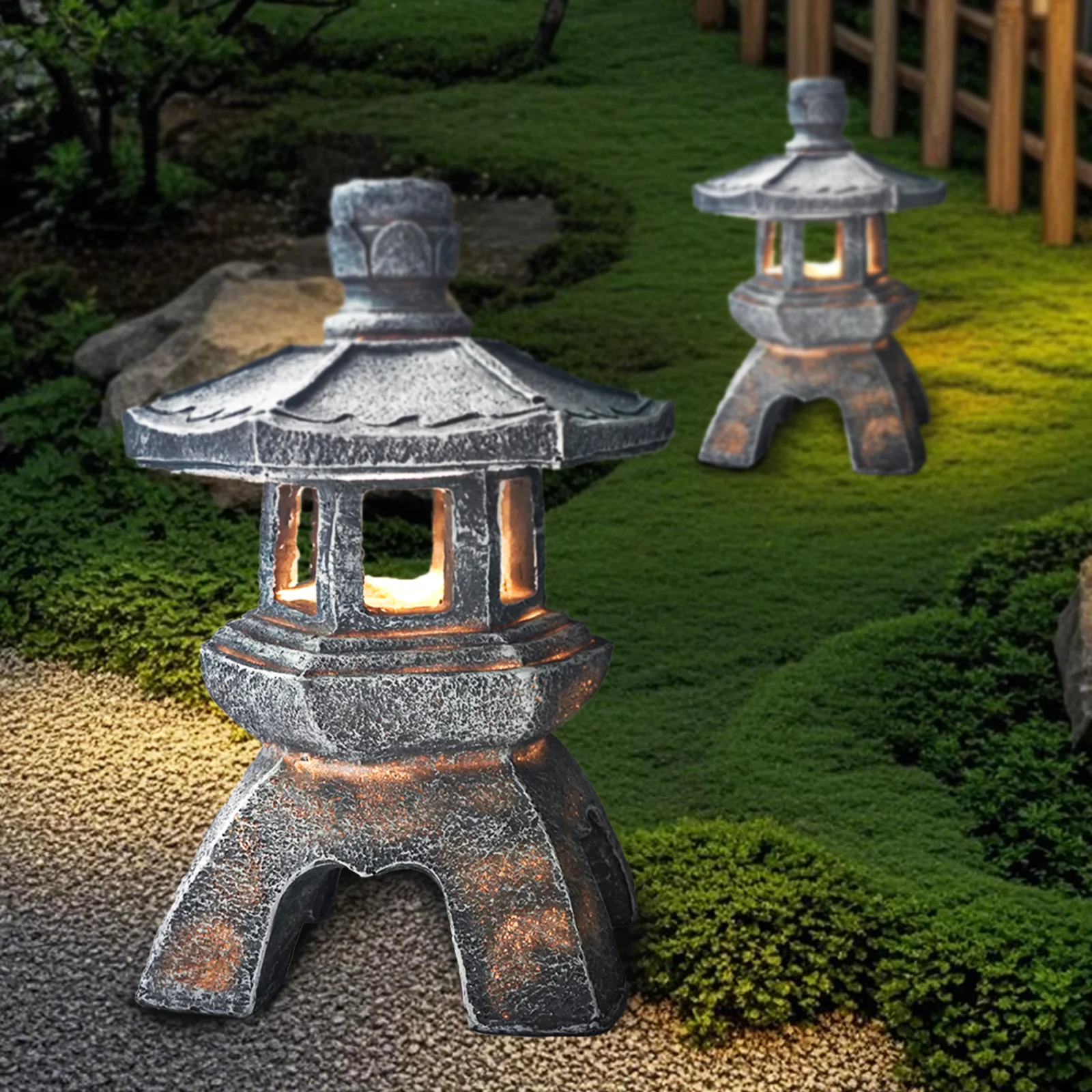 

Solar Pagoda Lantern Garden Statue, Outside Decorations,Yard Art Ornaments Stone Finish